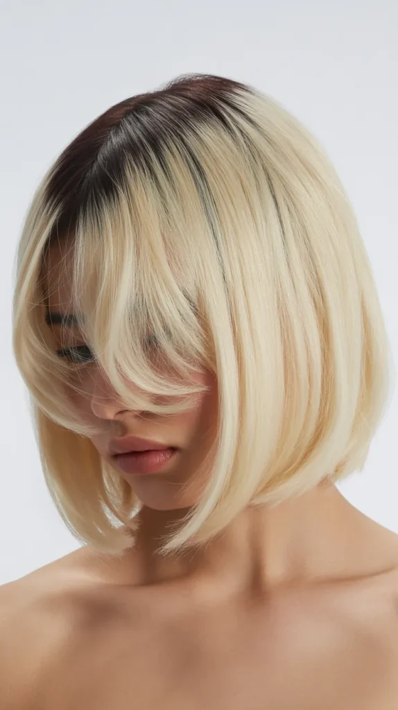 Platinum Blonde Long Bob with Dark Root Curtain Bangs