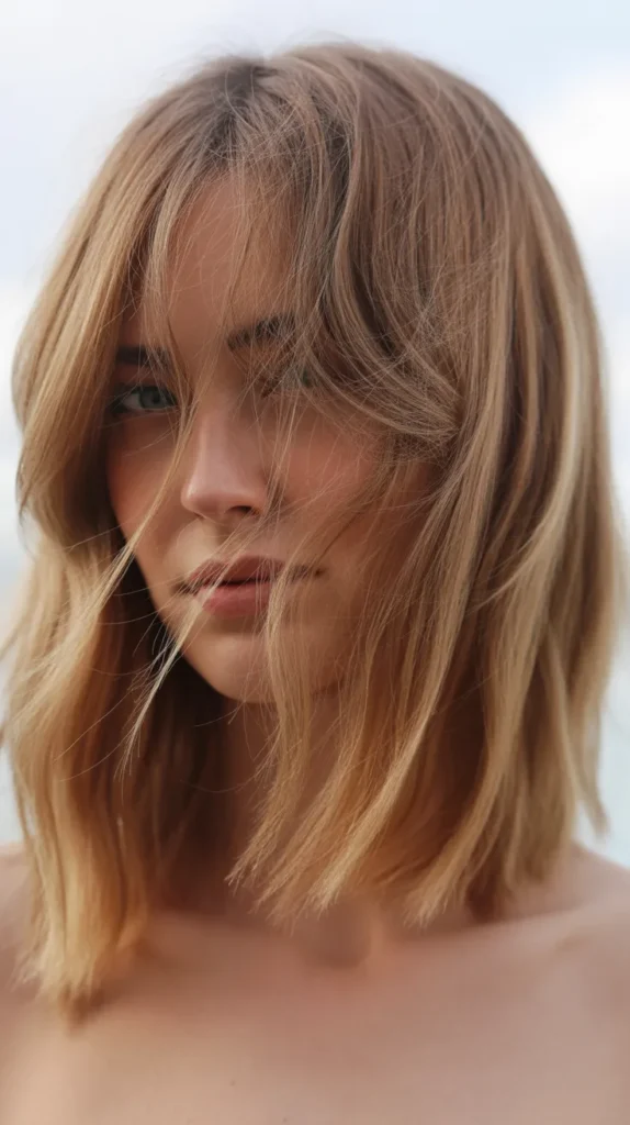 Beachy Waves Long Bob with Tousled Curtain Bangs