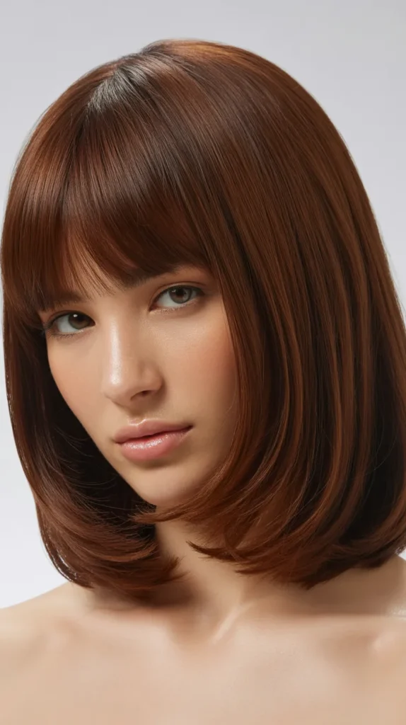 Chocolate Brown Long Bob with Curtain Bangs