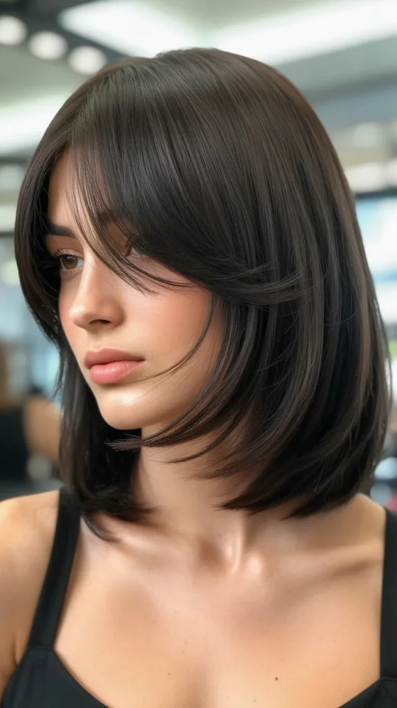 Textured Long Bob with Wispy Curtain Bangs