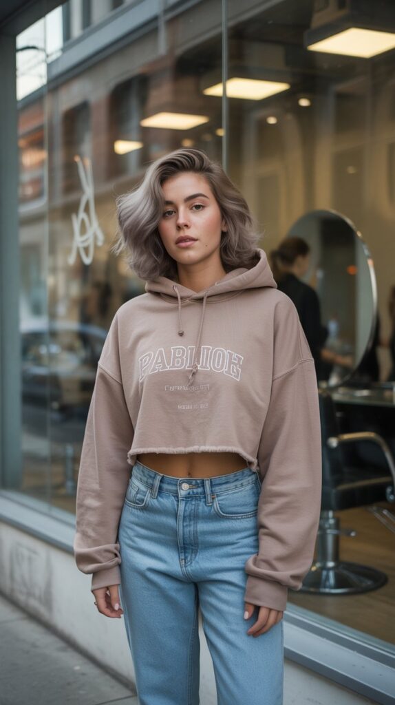 33 Fresh Hairstylist Outfits for Work in Spring 12 Cropped Hoodie with High-Waisted Jeans