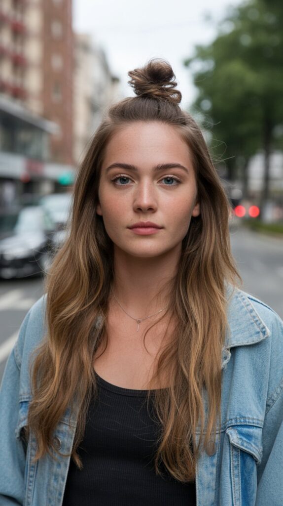 33 Chic Greasy Hair Hairstyles for Long Hair 7 . Half-Up Top Knot