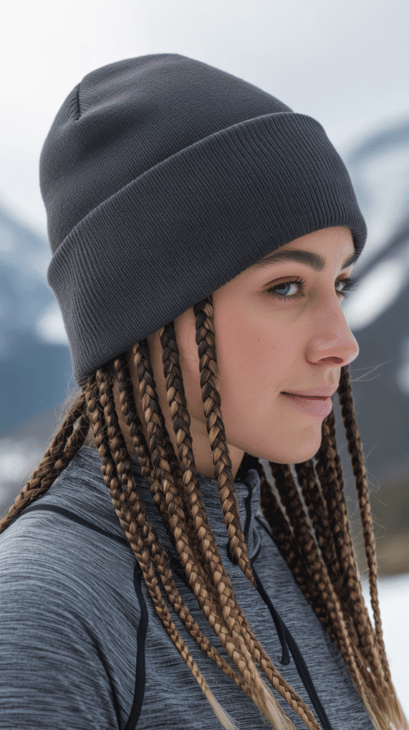 33 Cozy Cute Winter Hairstyles with Beanies 3 Double Dutch Braids with Fitted Beanie
