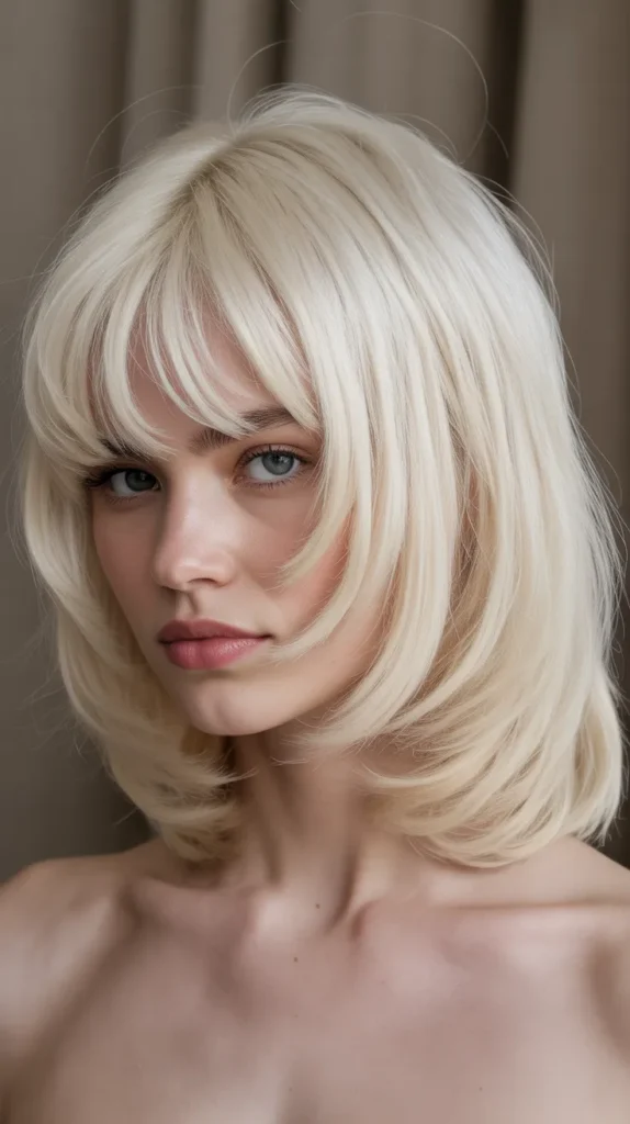 Platinum Blonde Long Bob with Baby Curtain Bangs