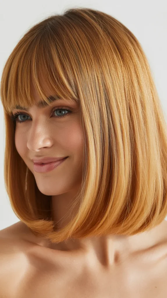 Honey Blonde Long Bob with Face-Framing Curtain Bangs