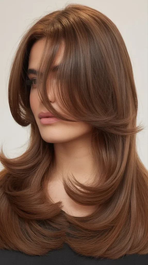 Classic Long Layers With Center-Parted Curtain Bangs