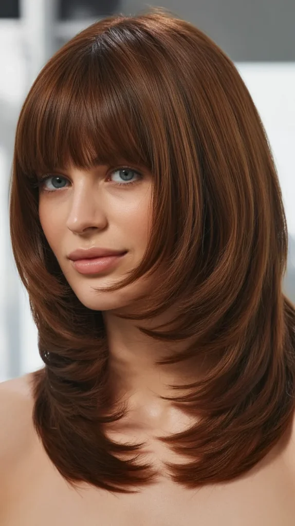 Classic Long Layers with Blunt Bangs