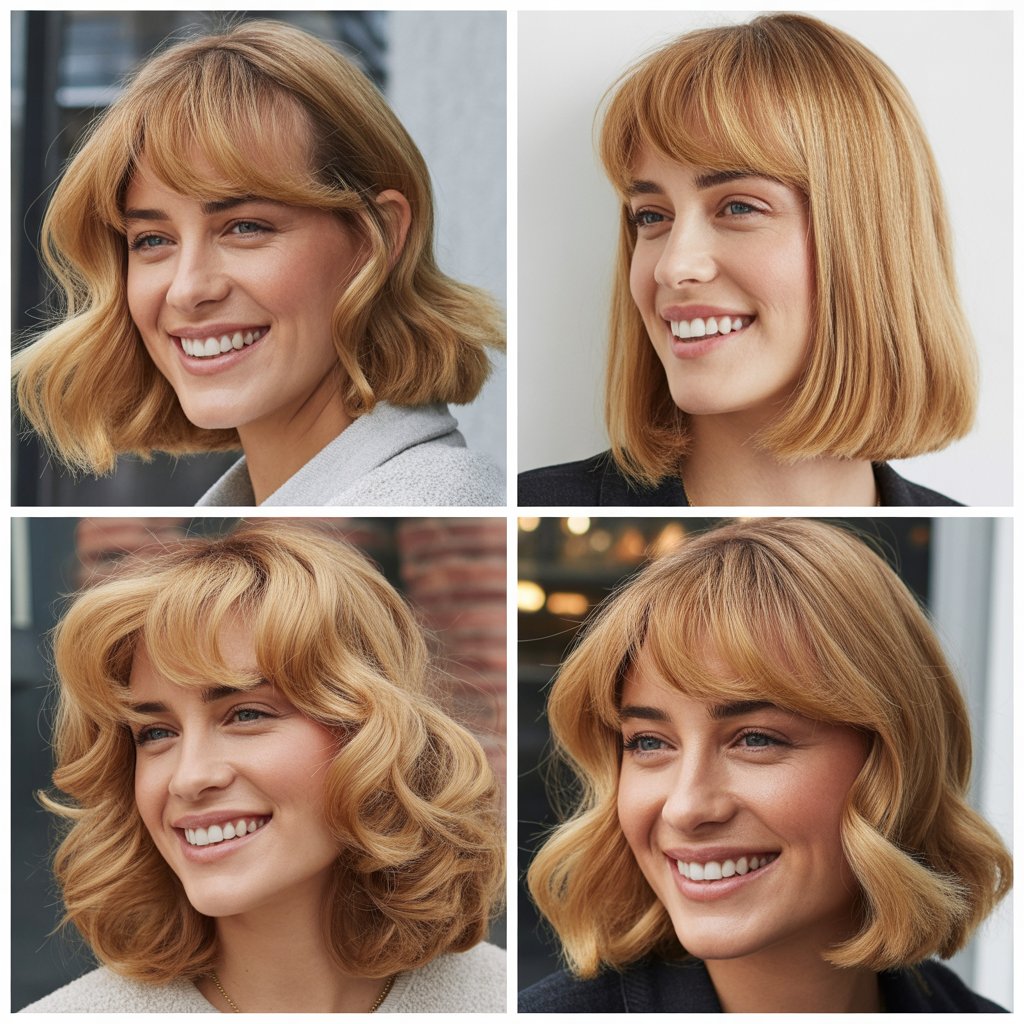 Warm Blonde Collarbone Length with Angled Side Bangs