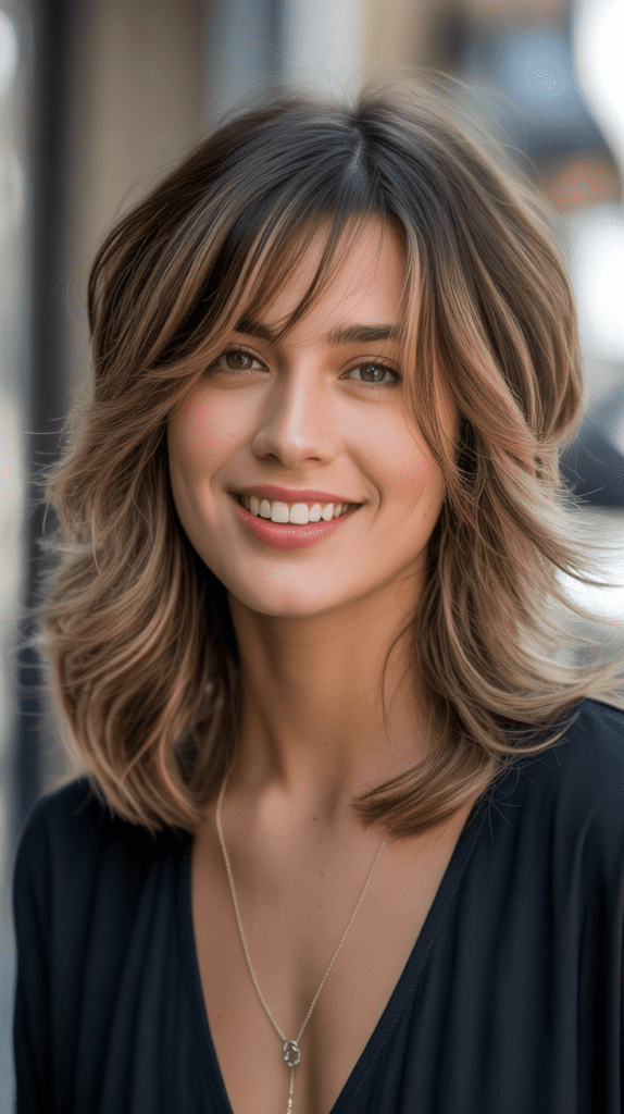 33 Chic Medium Haircuts With Bangs for Women Who Want a Fresh Style 17 Layered Shag with Wispy Fringe