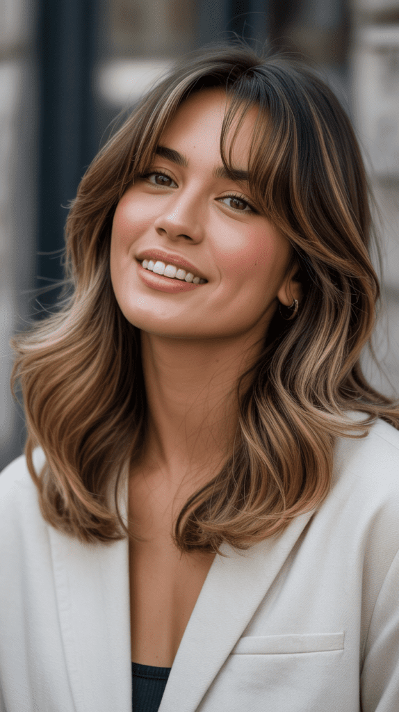 33 Chic Medium Haircuts With Bangs for Women Who Want a Fresh Style 21 Layered Midi with Swoopy Bangs