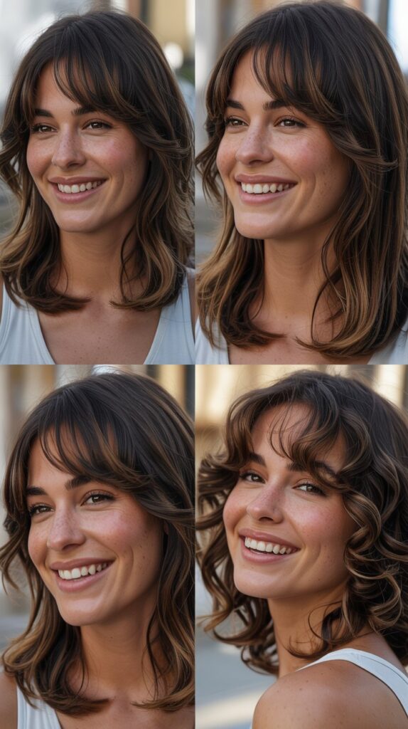 30 Stunning Medium Haircuts With Bangs for Thin Hair That Add Fullness 24 Layered Midi Cut with Elongated Curtain Bangs