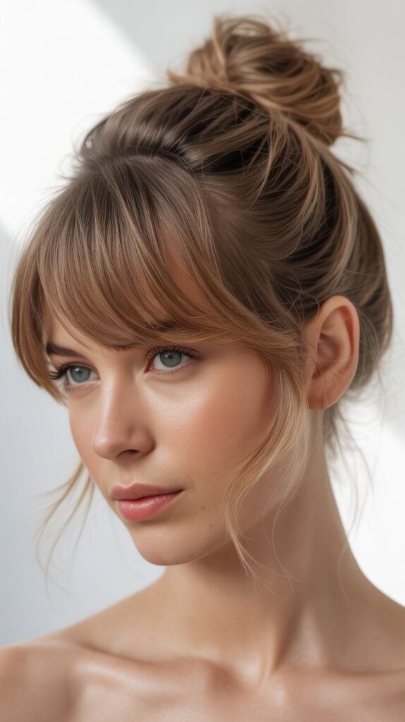 Messy Bun with Curtain Bangs Framing Face