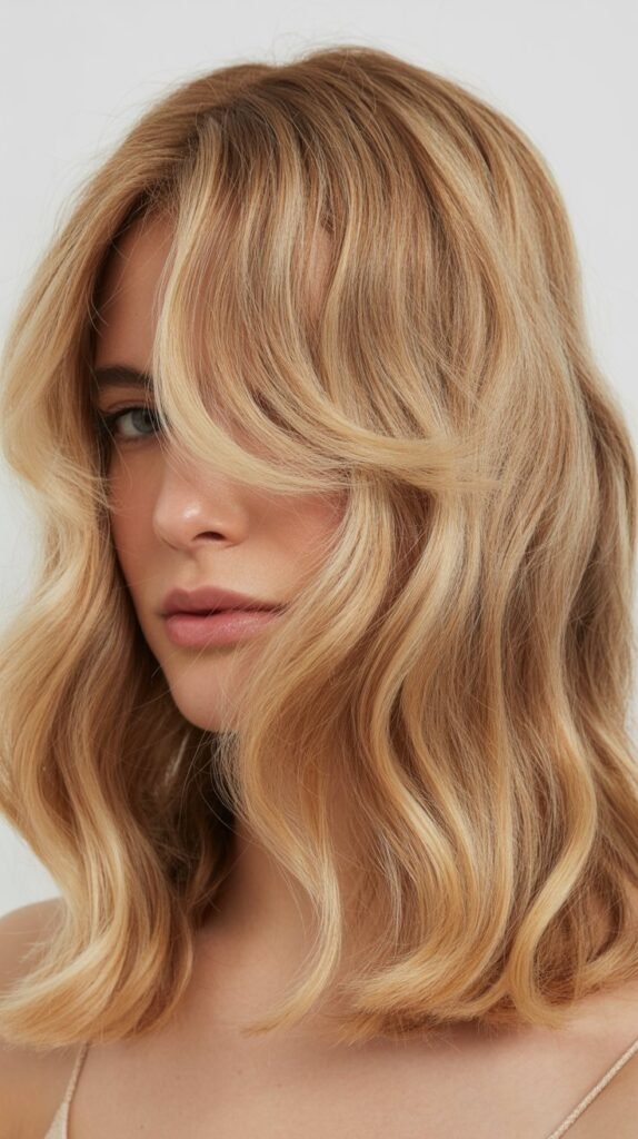 Sandy Blonde with Curtain Bangs and Beach Texture
