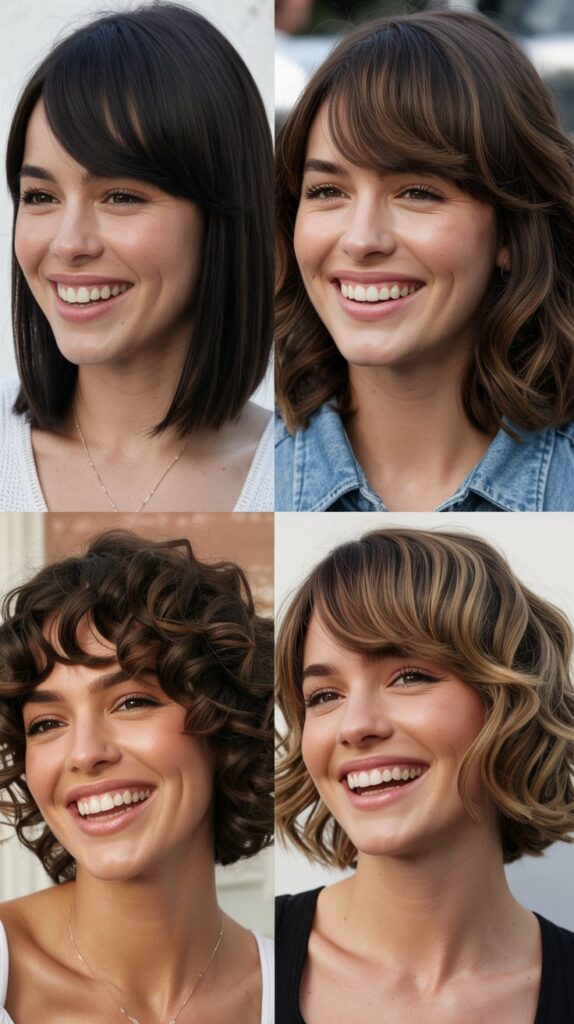 30 Stunning Medium Haircuts With Bangs for Thin Hair That Add Fullness 11 Graduated Bob with Swoopy Bangs