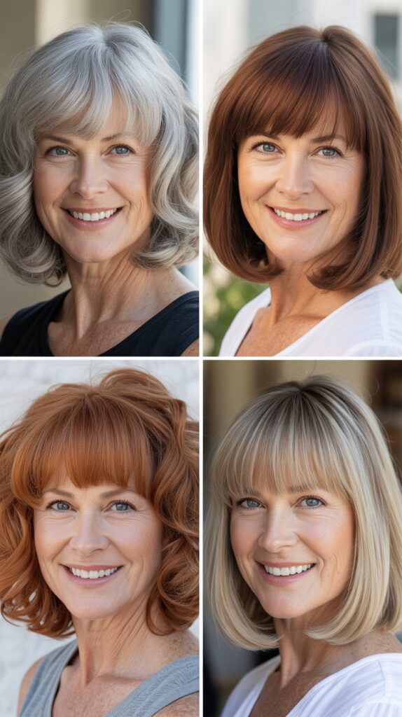 34 Short Bob Hairstyles with Bangs for Women Over 50 That Soften Features 6 Rounded Bob with Full Bangs