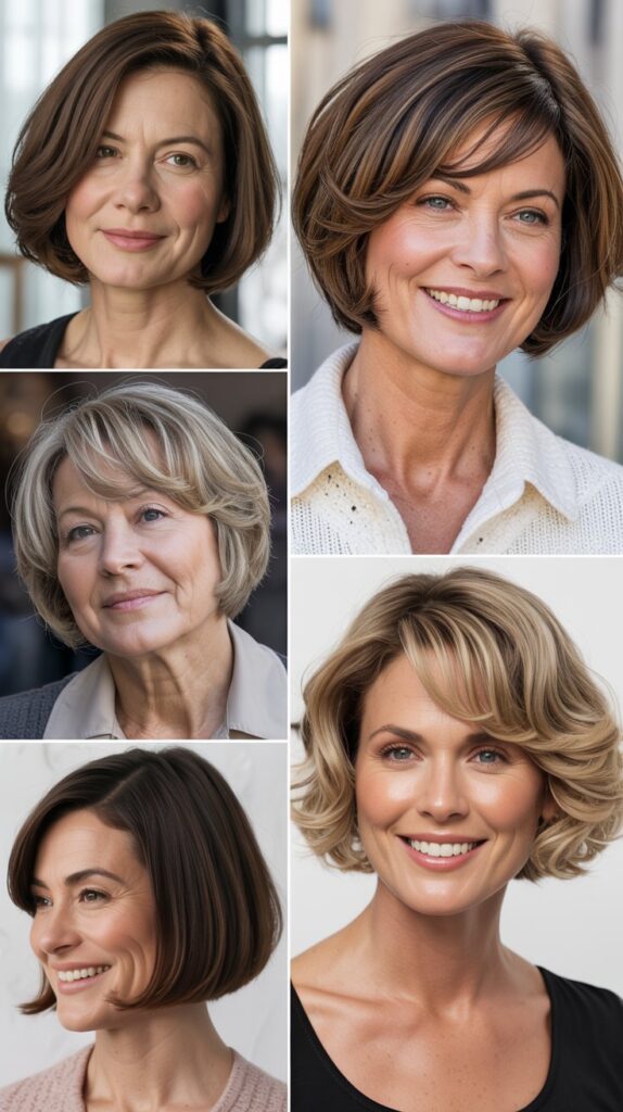 42 Soft and Elegant Bob Styles for Fine, Thin Hair After 50 34 a smiling woman with '' Bob for Round Face Shape ''different hairstyles look 4 image collage for woman over 50