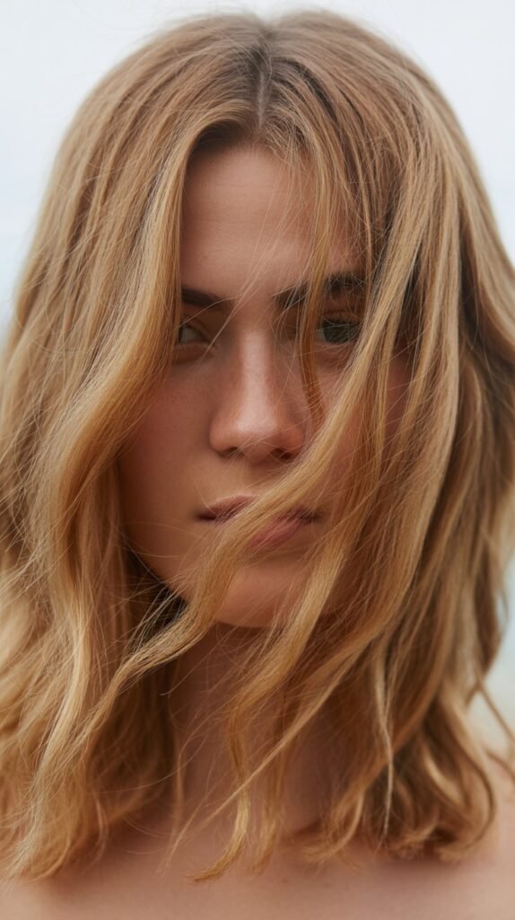 Medium Hair with Curtain Bangs and Beach Waves