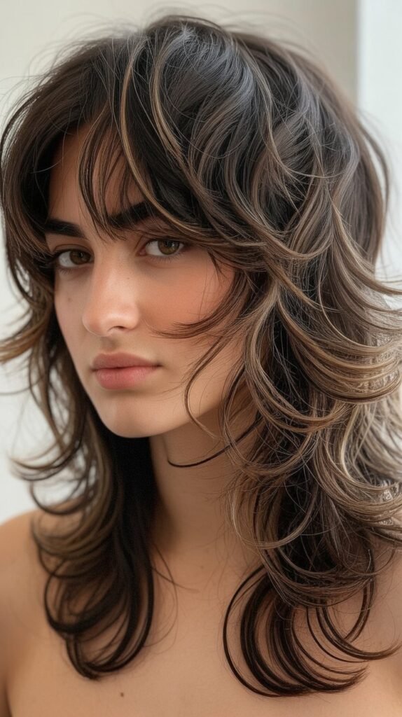 Shaggy Mullet With Brow-Skimming Bangs