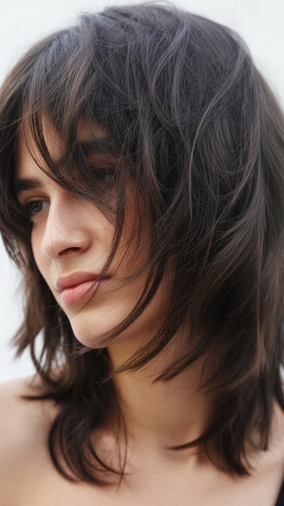 Textured Curtain Bangs with Shoulder Shag