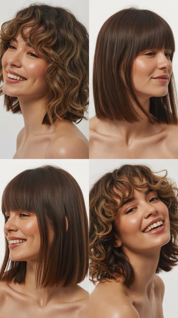 Textured Long Bob with Wispy Curtain Bangs