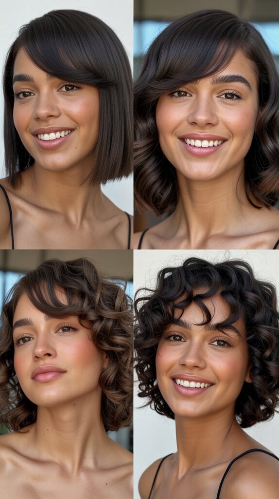 30 Stunning Medium Haircuts With Bangs for Thin Hair That Add Fullness 4 Angled Lob with Side-Swept Bangs