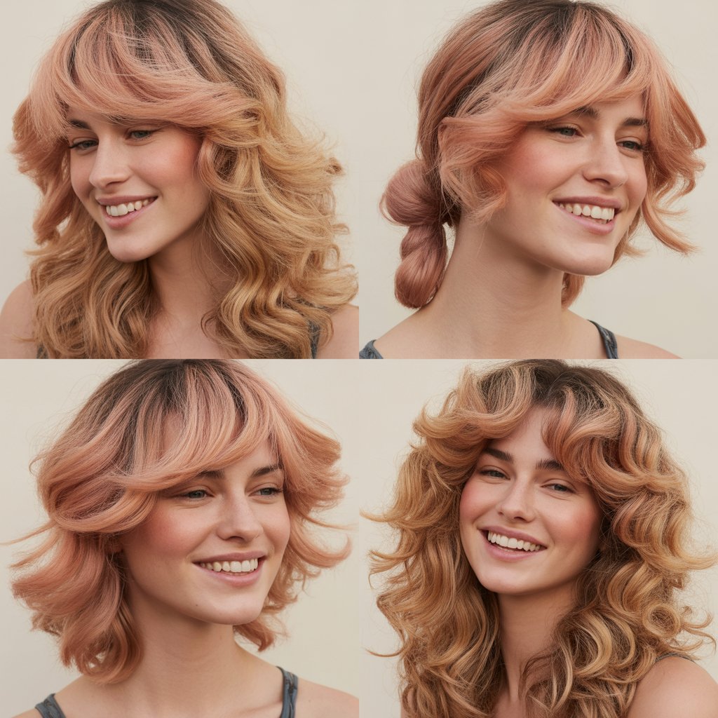 Rose Gold Blonde with Tousled Waves and Side Bangs