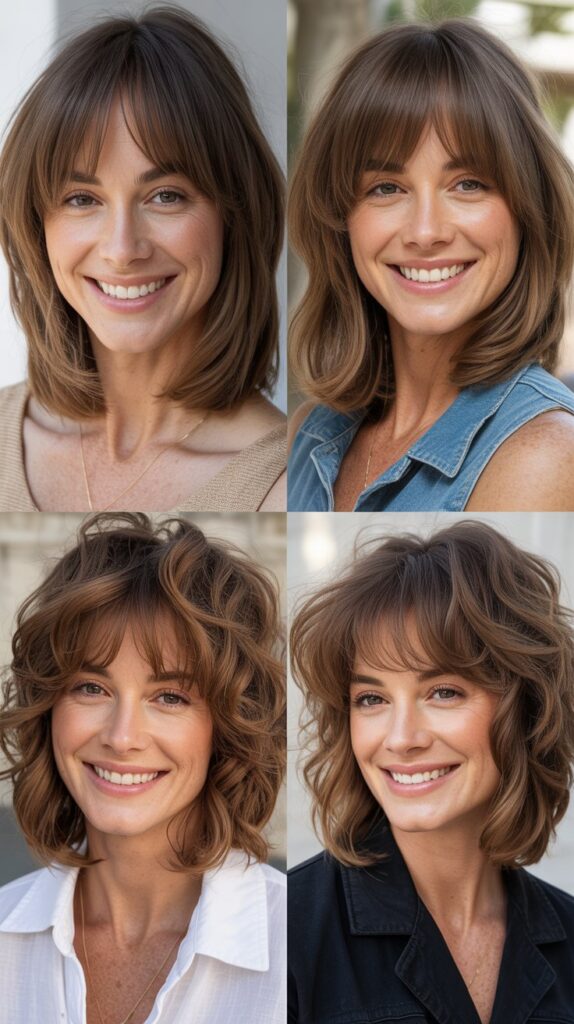  Long Layered Bob with Piece-y Bangs