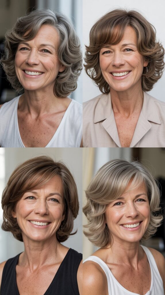 27 Must-Try Hairstyles for Women Over 60 with Fine Medium-Length Straight Hair 13 Layered Cut with Swoopy Side Bangs