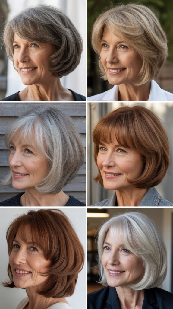34 Short Bob Hairstyles with Bangs for Women Over 50 That Soften Features 13 A-Line Bob with Long Side Bangs