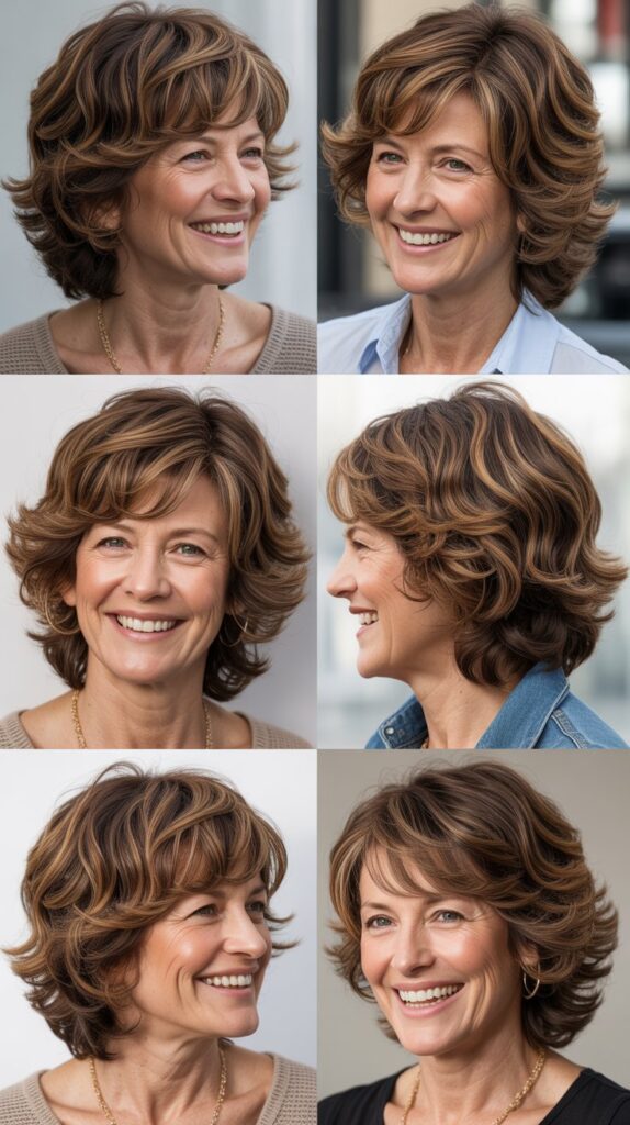 41 Modern Sassy Medium-Length Hairstyles for Older Women to Try Now 38 Wavy Shag with Caramel Highlights
