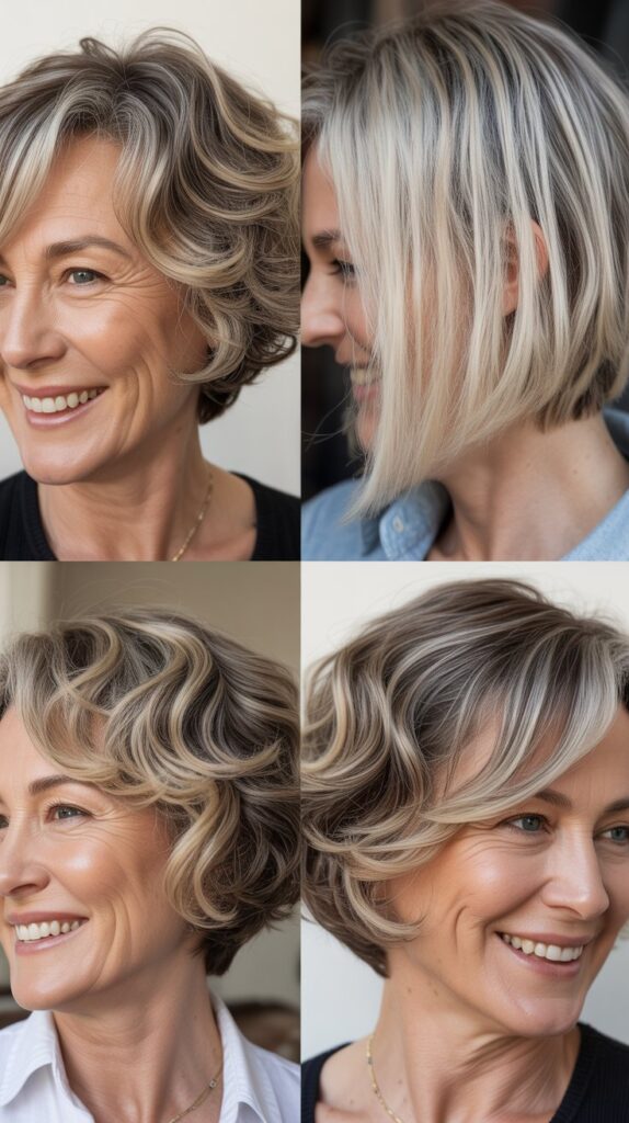 41 Modern Sassy Medium-Length Hairstyles for Older Women to Try Now 26 Choppy Bob with Platinum Highlights