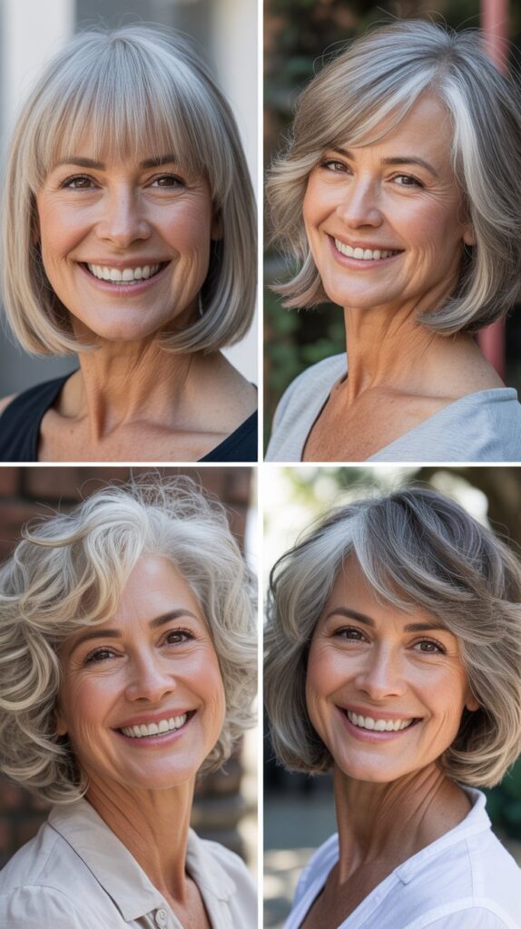 41 Modern Sassy Medium-Length Hairstyles for Older Women to Try Now 24 Angled Lob with Swoopy Bangs