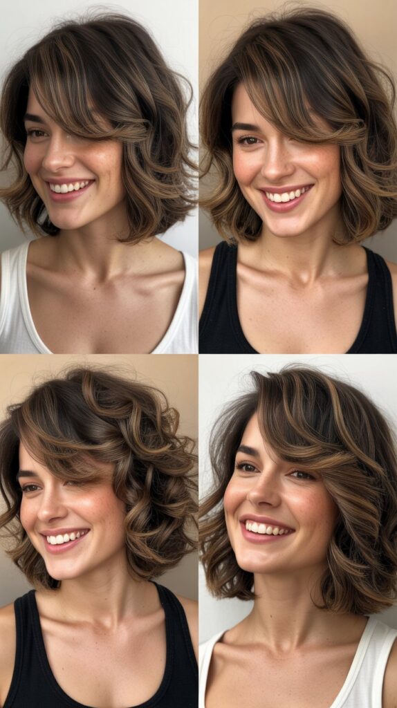 27 Best Medium Haircuts With Bangs That Instantly Transform Your Look 25 Layered Lob with Swoopy Bangs