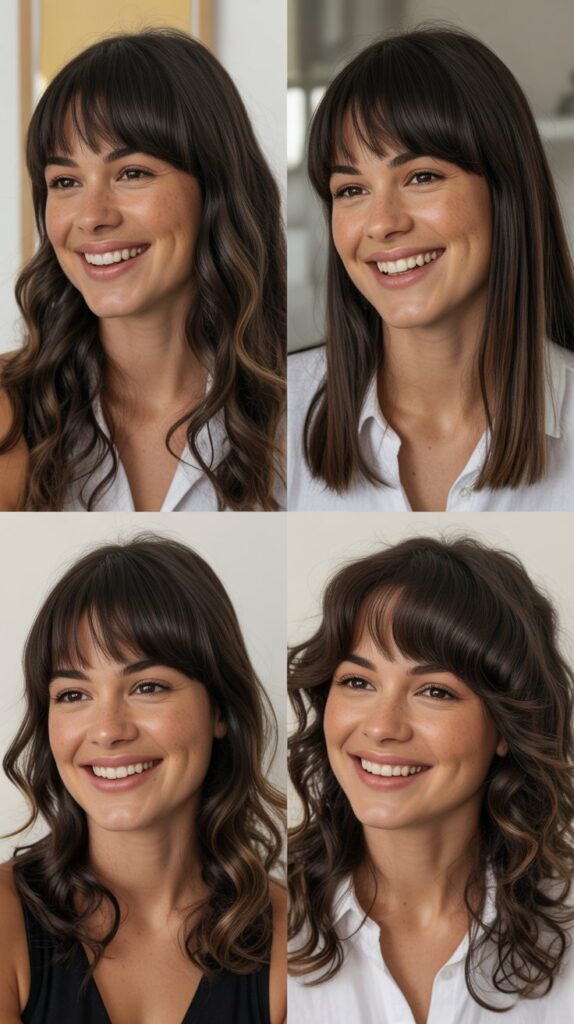 25 Stylish Mid-Length Hairstyles with Layers and Bangs That Look Expensive 18 Stacked Layers with Straight-Across Bangs