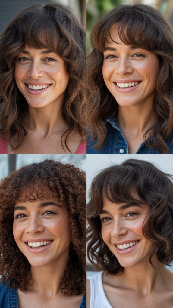 25 Stylish Mid-Length Hairstyles with Layers and Bangs That Look Expensive 10 Beach Waves with Curtain Bangs