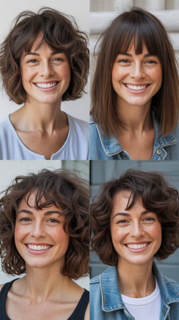 25 Stylish Mid-Length Hairstyles with Layers and Bangs That Look Expensive 5 Textured Lob with Curtain Fringe