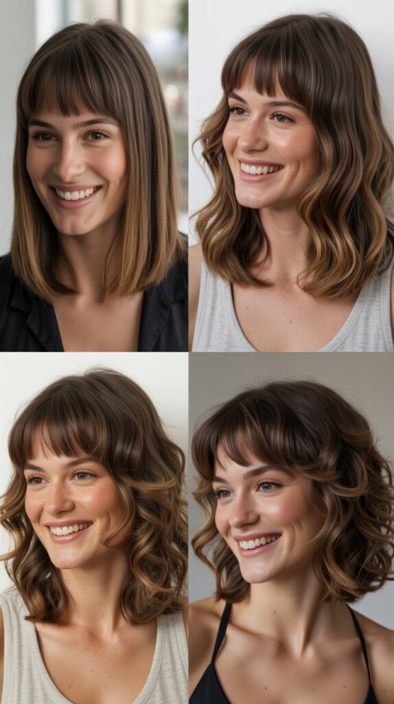 25 Stylish Mid-Length Hairstyles with Layers and Bangs That Look Expensive 14 Layered Lob with Blunt Bangs