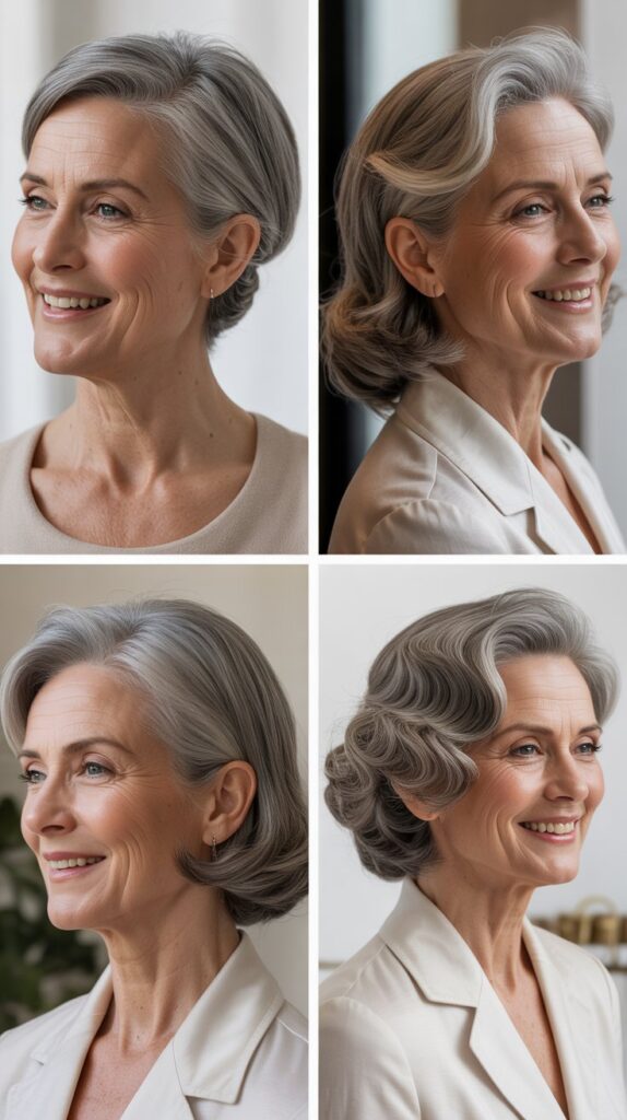 30 Youthful Medium-Length Hairstyles for Women Over 70 You'll Want to Copy 24 a smiling woman with '' The Sleek Side-Swept Style '' different natural hairstyles look 4 image collage (woman over 70)