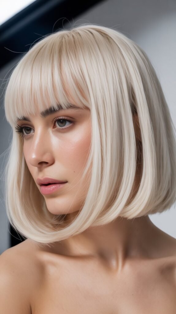 Micro Bangs with Platinum Blonde Collarbone Cut