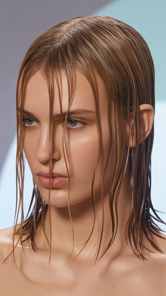 Wet-Look Styling with Curtain Bangs