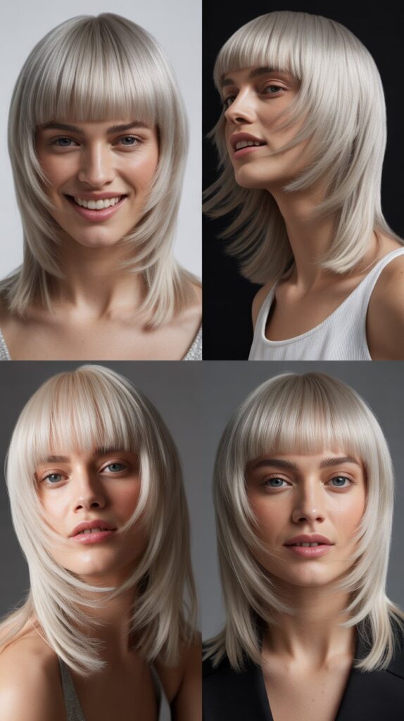 Blunt Micro Bangs with Silvery Blonde Blunt Cut Layers