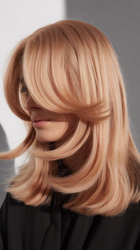  Curved Curtain Bangs with Rose Gold Blonde Shoulder Hair