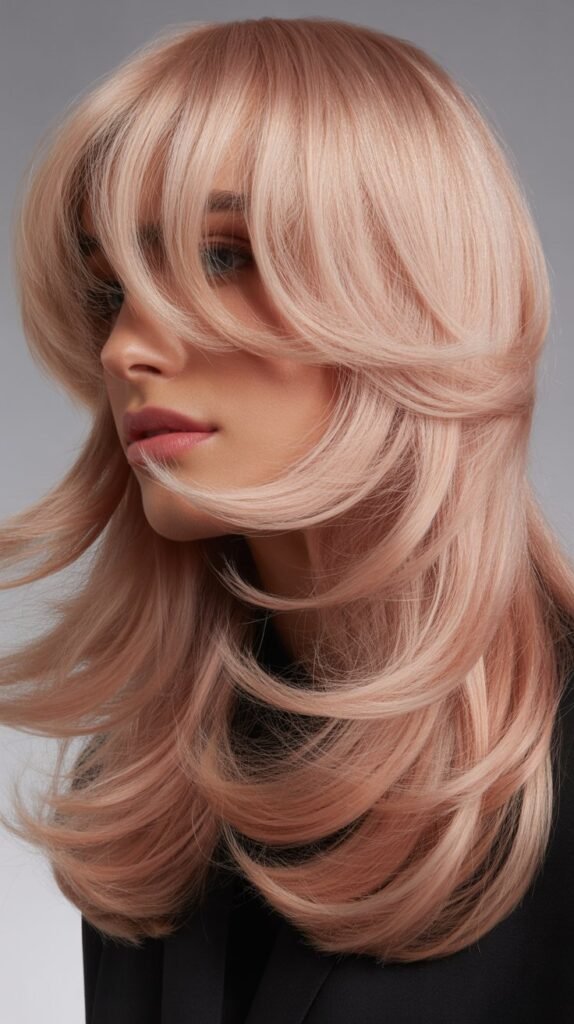 Long Sweeping Bangs with Platinum Rose Blonde Cascading Layers