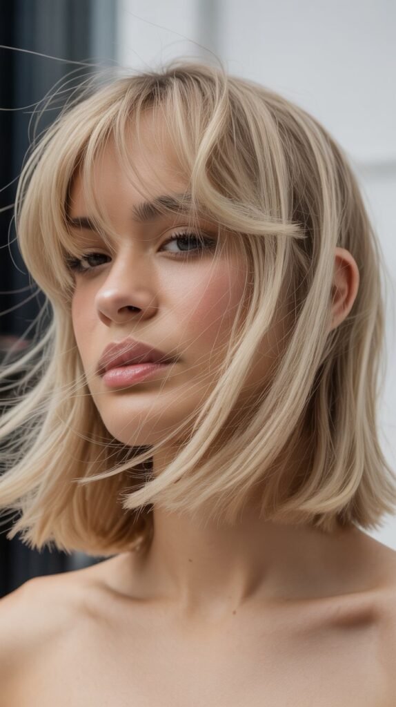Wispy Baby Bangs with Textured Blonde Lob