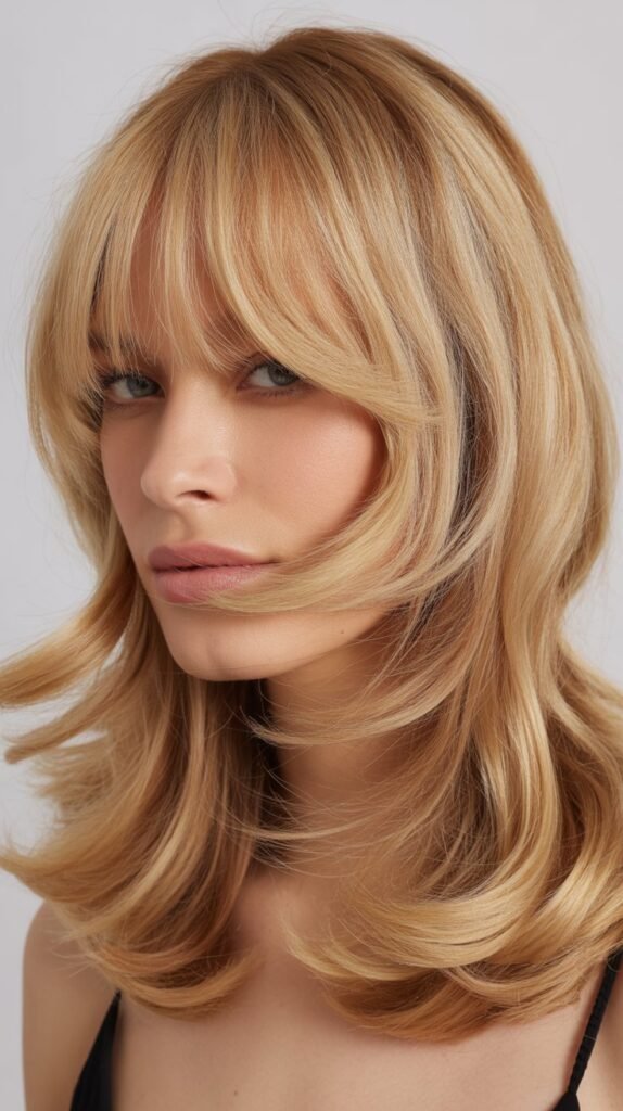 Long Curtain Bangs with Honey Blonde Mid-Length Hair