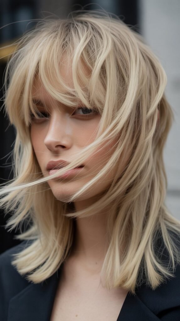 Choppy Curtain Bangs with Platinum Blonde Layers