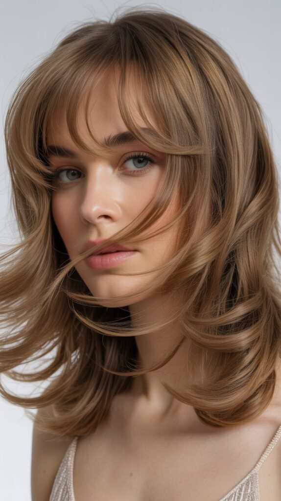 Medium Hair With Feathered Layers And Bangs