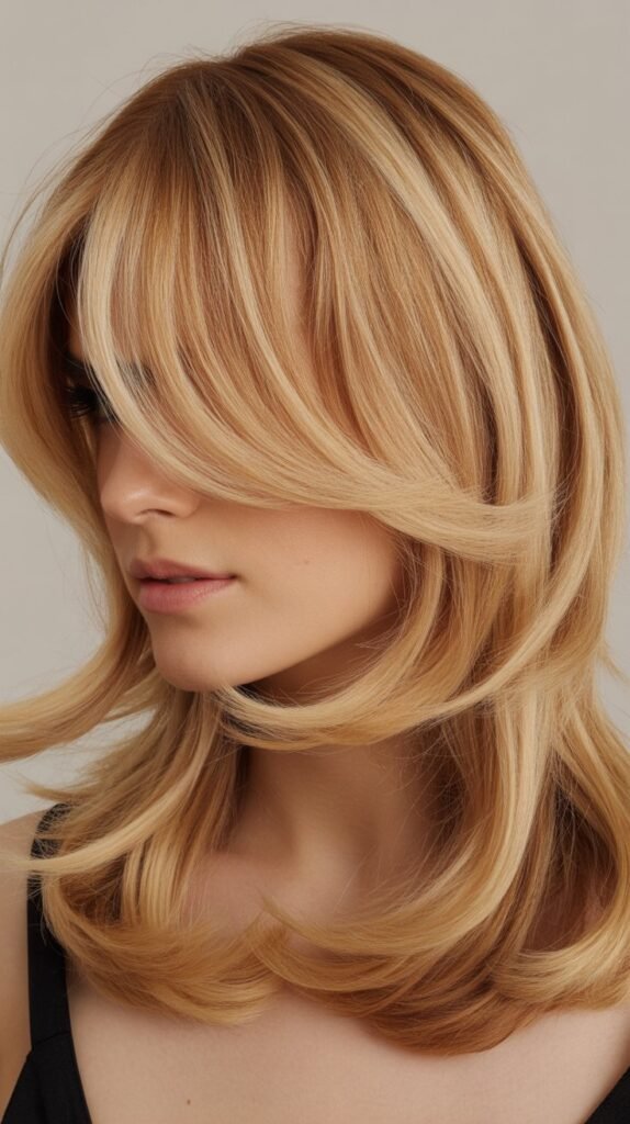Honey Blonde Layered Cut with Side-Swept Curtain Bangs