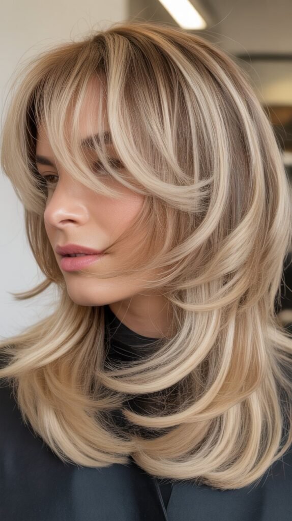 Textured Bangs with Champagne Blonde Razored Layers