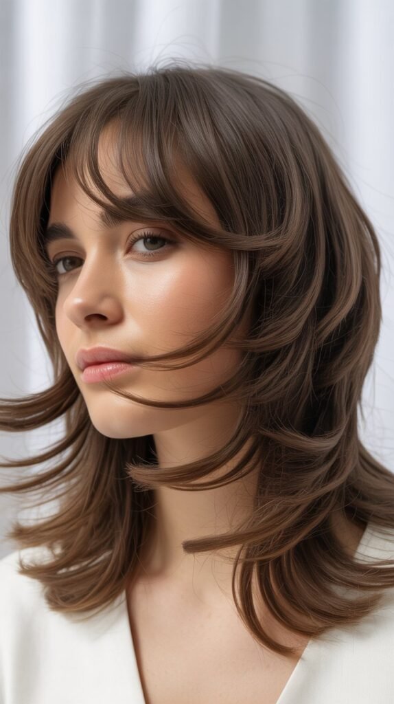 Long Curtain Bangs with Mid-Length Shag